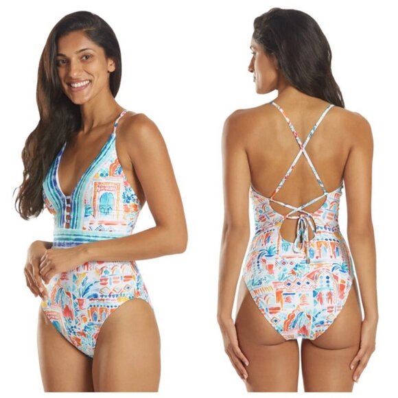 💕LA BLANCA💕 Terra Print Plunge Neck One-Piece Swimsuit ~ 10 Tera Italia NWT - Picture 4 of 14